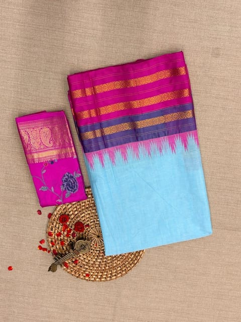 Sky Blue Ponduru Khadi Saree with Multi Colour Kanchi Style Silk and Zari Weaving Borders