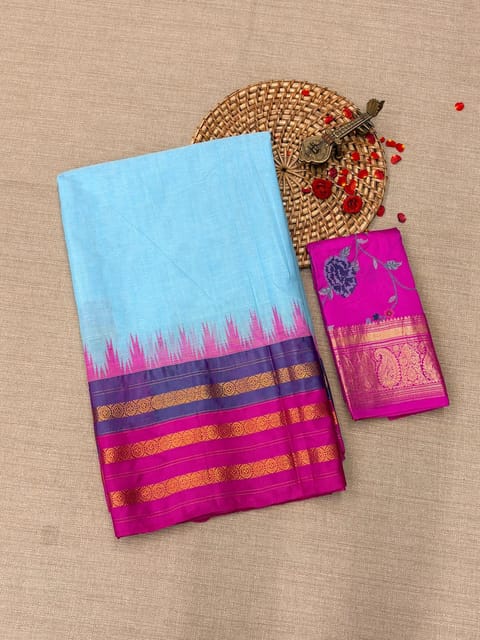 Sky Blue Ponduru Khadi Saree with Multi Colour Kanchi Style Silk and Zari Weaving Borders