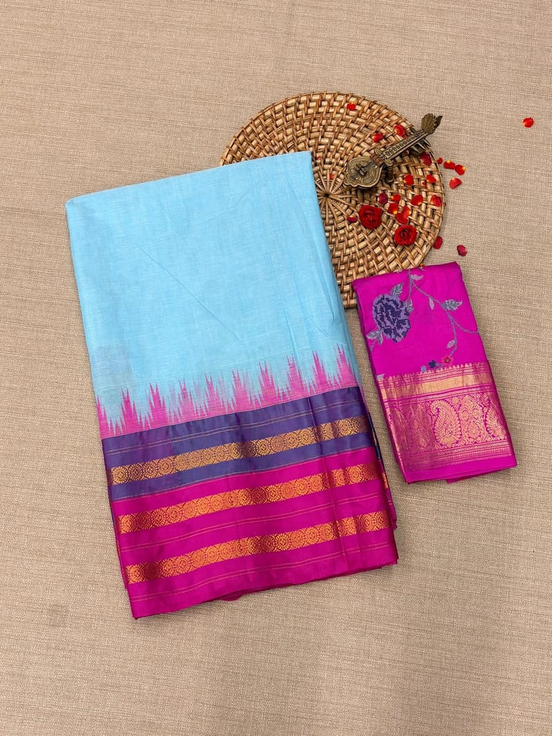 Sky blue Ponduru khadi saree with multi color kanchi style silk and zari weaving borders