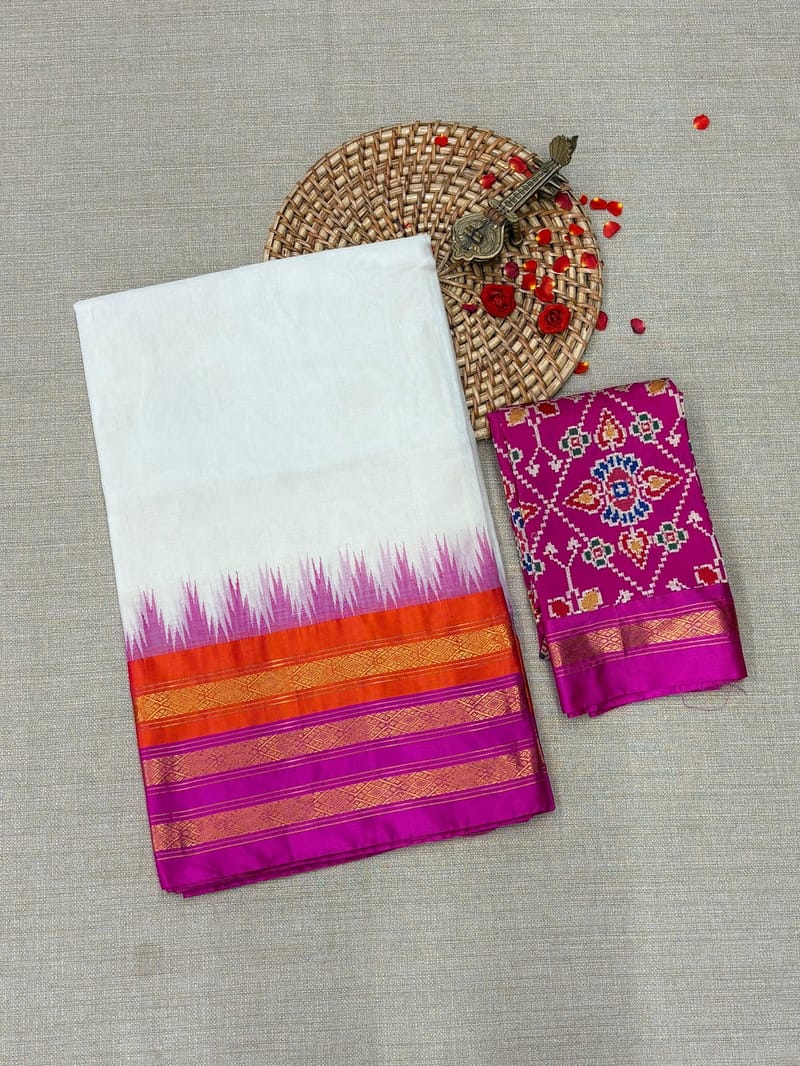 White Ponduru khadi saree with multi color kanchi style silk and zari weaving borders