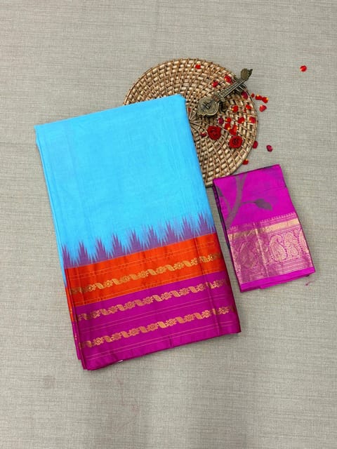 Bright Sky Blue Ponduru Khadi Saree with Multi Colour Kanchi Style Silk and Zari Weaving Borders