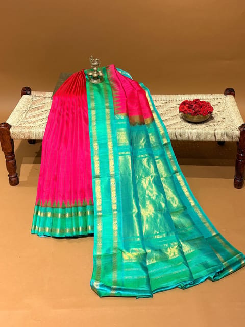 Reddish Pink & Seagreen Combo Pure Handloom Gadwal Silk Stripes Saree with Gap Borders