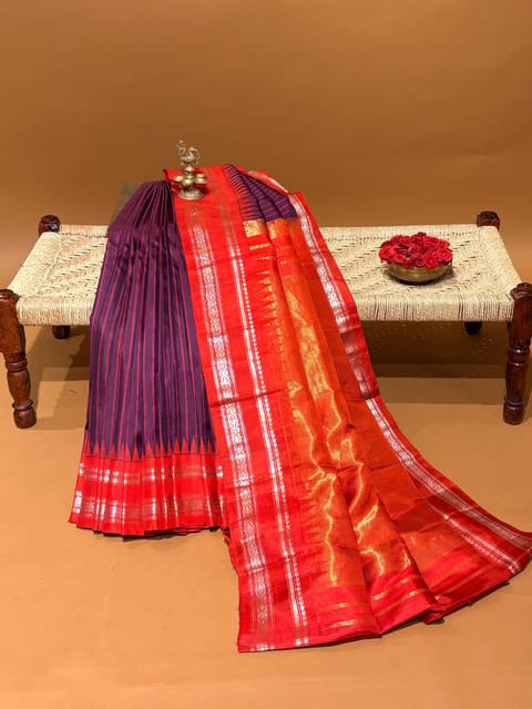 Wine & Red Combo Pure Handloom Gadwal Silk Saree with Stripes & Gap Borders