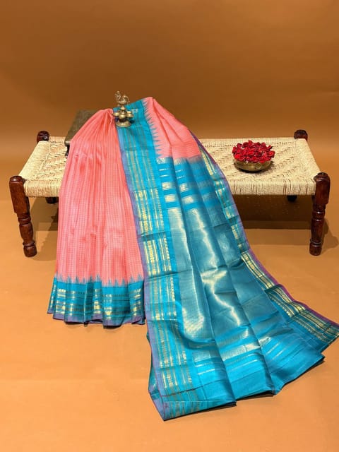 Coral Pink & Teal Combo Pure Handloom Gadwal Checks Saree with Gap Borders