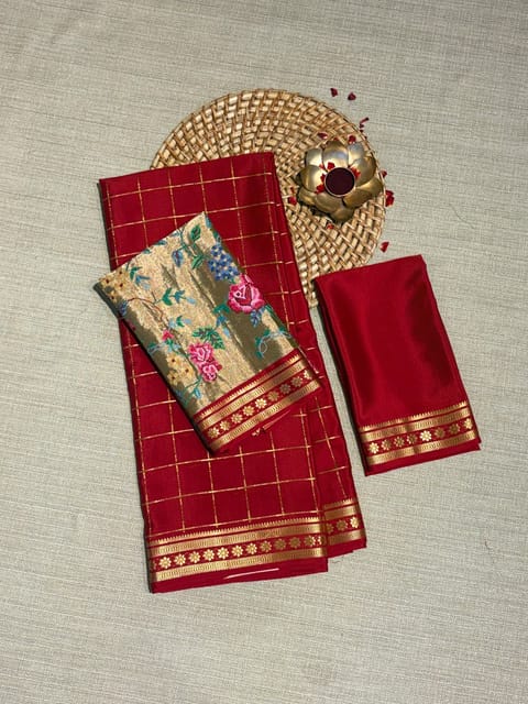 Chilli Red Blue Vintage Checks Mysore Crepe Saree with Pure Tissue Fusion Blouse