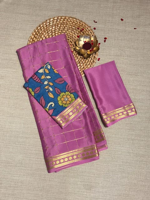 Dusty Pink Mysore Crepe Checks Saree with Pen Kalamkari Fusion Blouse