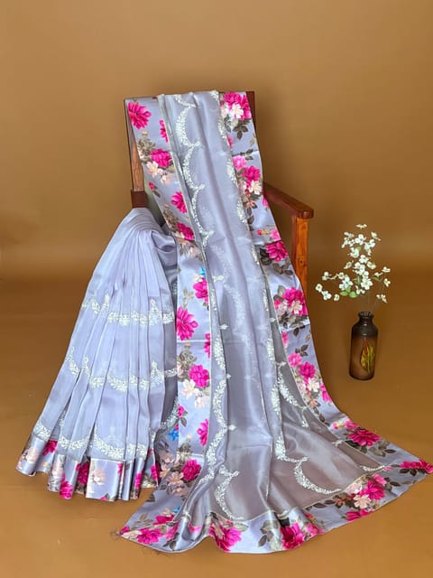 Lilac Organza Saree with Embroidery and Floral Printed Border