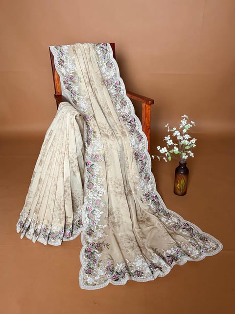 Pure Georgette Floral Printed Saree with Embroidery