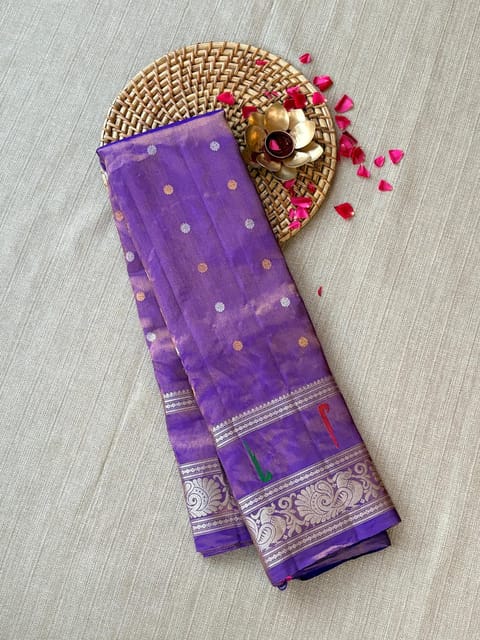 Purple Gadwal Allover Tissue Saree with Single Muniya Paithani Gap Borders