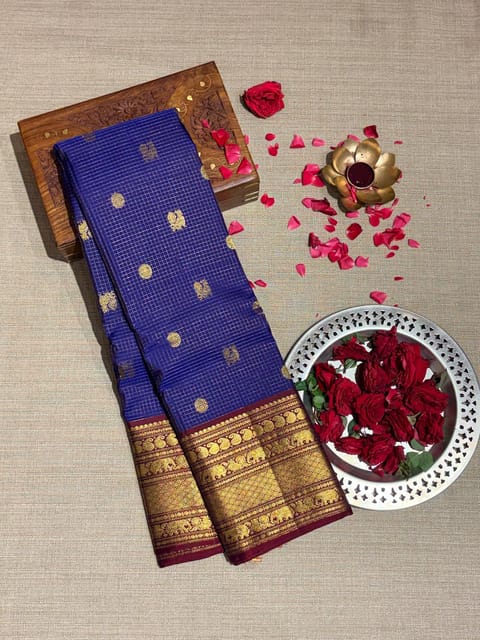 Blue & Burgundy Combo Vintage Checks Korvai Kanjeevaram Saree