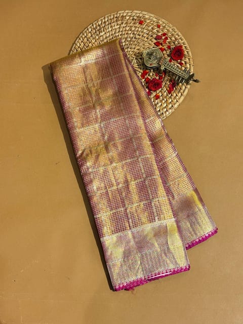 Pink Vintage Kanjeevaram Tissue Checks Saree