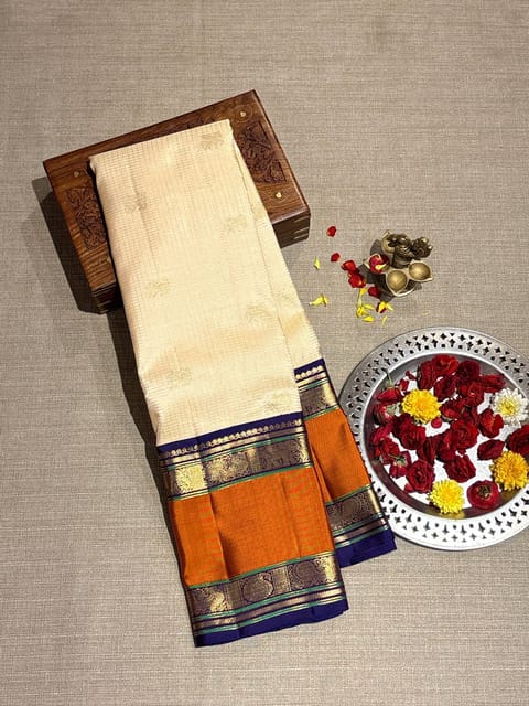 Ivory Vintage Kanjeevaram Checks Saree with Peacock Gap Border