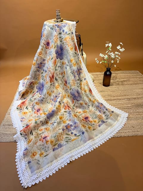 Pure Organza Saree with 3d Floral Print and Crochet Lace Hemline