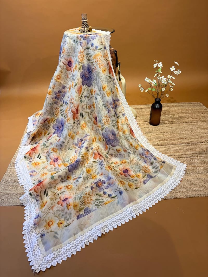 Pure Organza Saree with 3D floral print and hemlined with crotia lace 