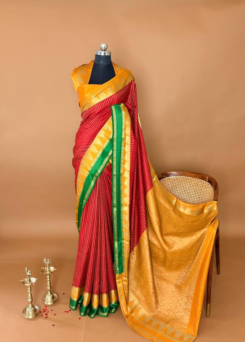 Baby Pink Premium Mysore Crepe Saree with Dual Colors Borders