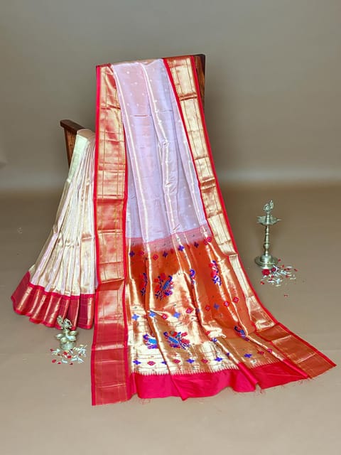 Peach Pink Paithani Tissue Saree with Traditional Contrast Borders and Pallu