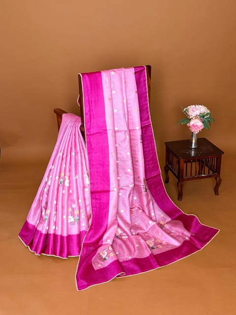 Rose Pink Pure Handloom Tussar Saree with Pythani Inspired Embroidery