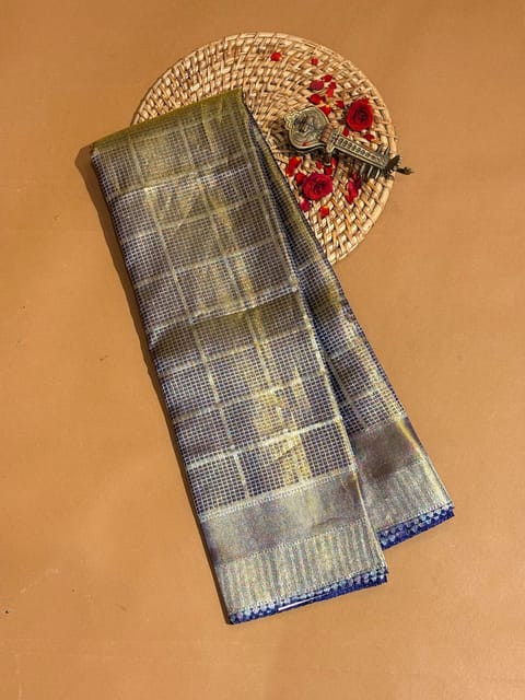 Midnight Blue Vintage Kanjeevaram Tissue Checks Saree