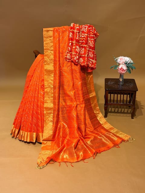 Orange Banarasi Dhupion Raw Silk Handloom Saree with Badla Work