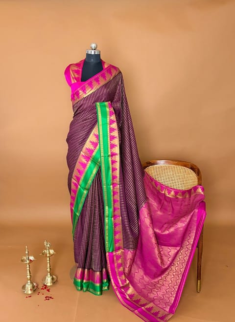 Wine Premium Mysore Crepe Saree with Dual Colors Borders
