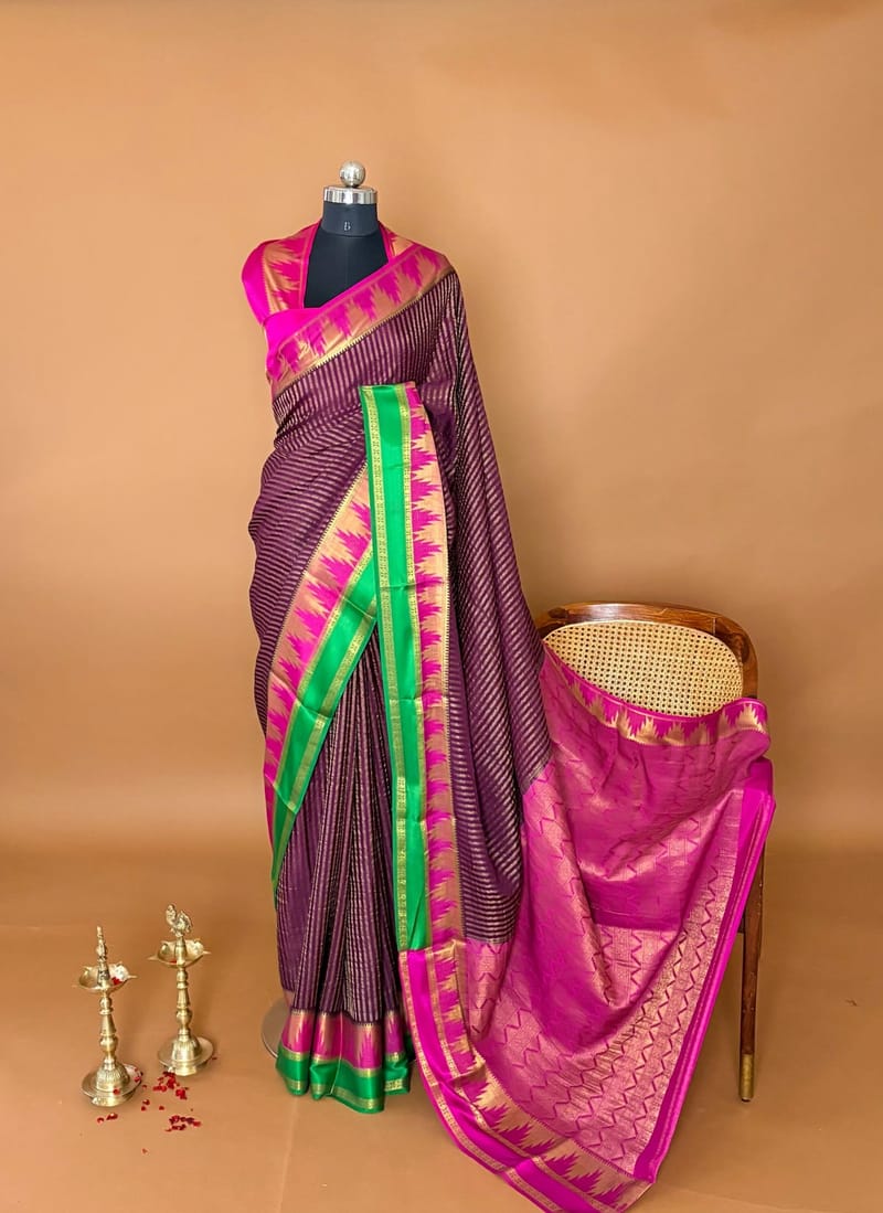 Wine Premium Mysore Crepe Saree with Dual Colors Borders
