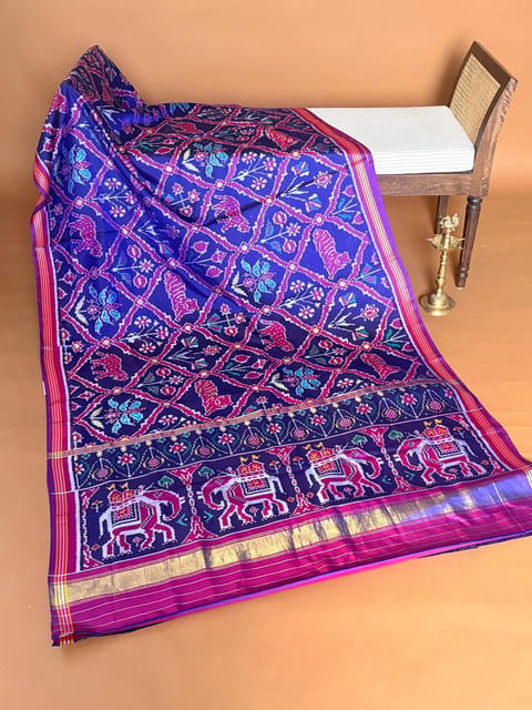Blue Pure Handloom Single Ikat Patan Patola Saree