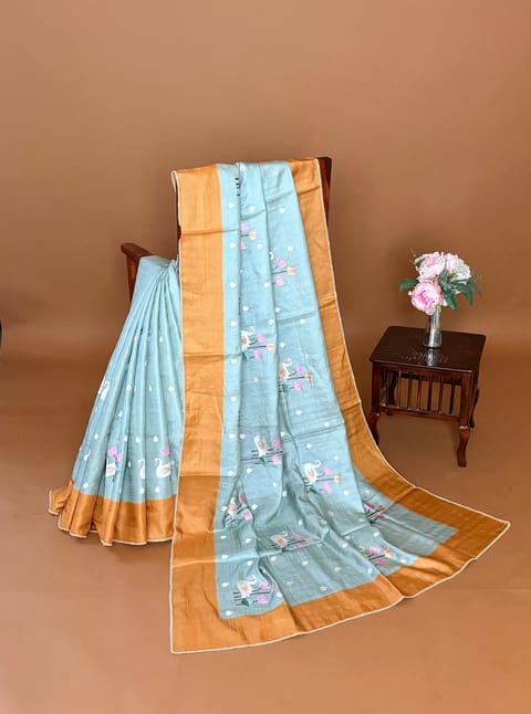 Mint Blue Pure Handloom Tussar Saree with Pythani Inspired Embroidery