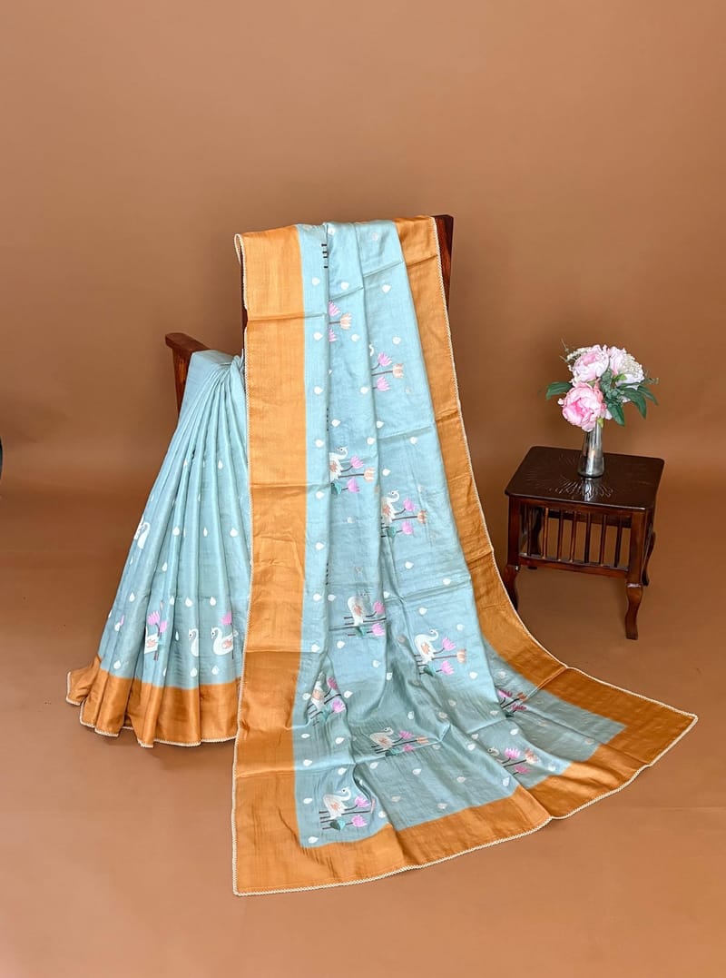 Mint Blue Pure Handloom Tussar Saree with Pythani Inspired Embroidery