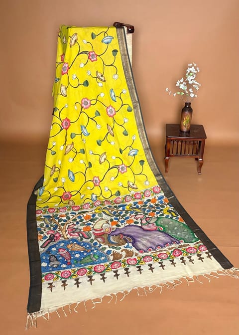 Lemon Yellow Pen Kalamkari Handloom Silk Cotton Saree