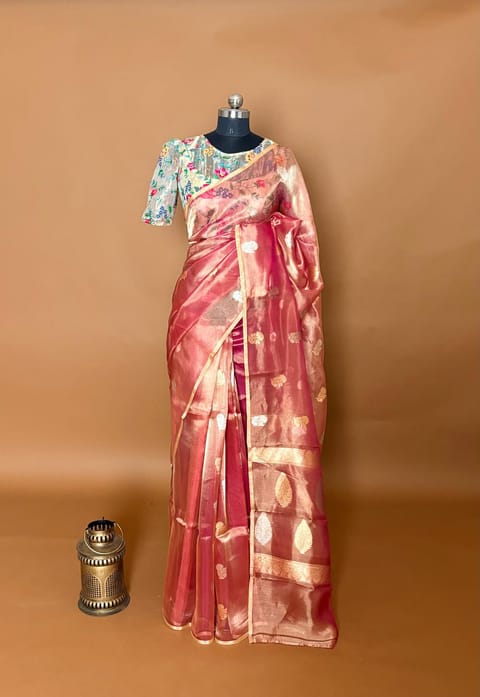 Pink Pure Handloom Banarasi Tissue Saree with Petitepoint Embroidered Fusion Blouse