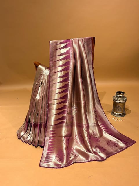 Wine Banarasi Tonchoi Weaving Temple Border Saree with Embroidery