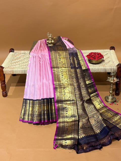 Dusty Pink & Chocolate Brown Combo Vintage Gadwal Kanchi Saree