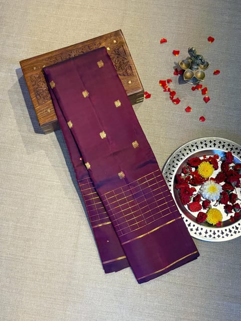 Burgundy Vintage Kanjeevaram Saree with Checks and Gap Double Borders