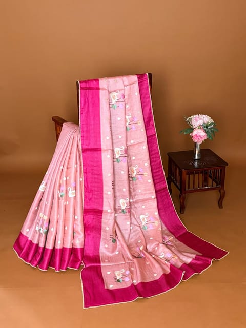 Dusty Pink Pure Handloom Tussar Saree with Pythani Inspired Embroidery