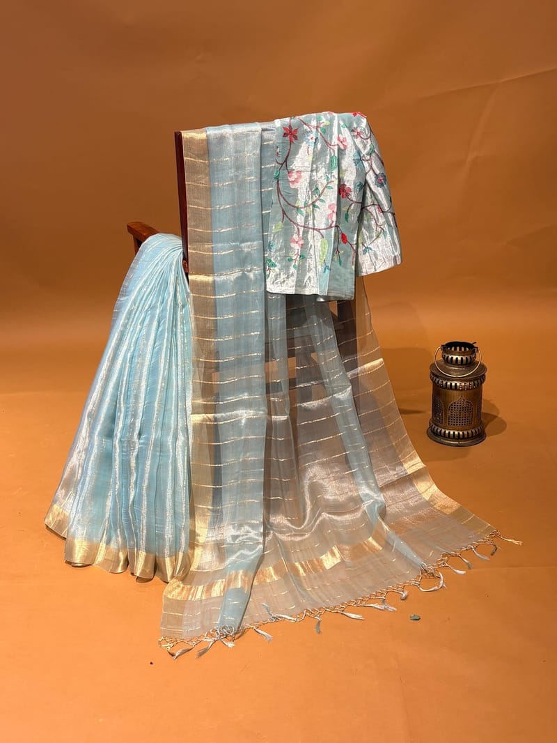 Powder Blue Pure Handloom Banarasi Tissue Checks Saree with Jamdani Inspire Embroidered Tissue Blouse