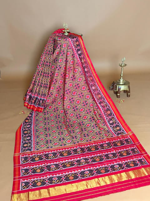 Mustard & Red Single Ikkath Patan Patola Saree