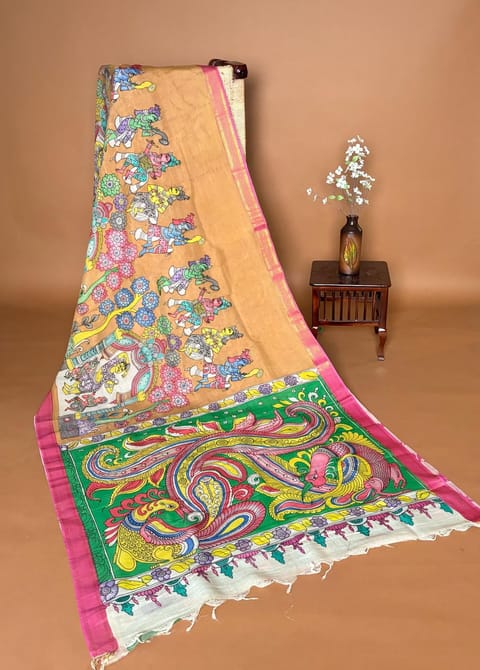 Light Brown Pen Kalamkari Handloom Silk Cotton Saree