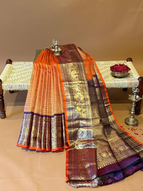Rust Orange Gadwal Brocade Saree with Heavy Kanchi Borders