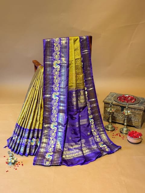 Iight Olive and Purple Combo Vintage Check’s Kanjeevaram Saree with Tanjore Art
