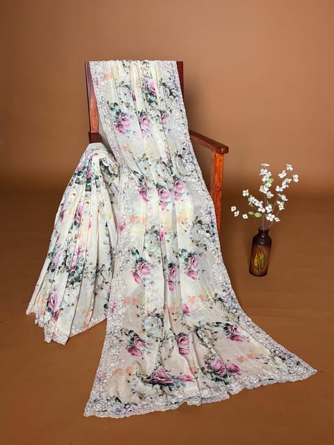 Light Pista Georgette Floral Printed Saree with Handwork Borders