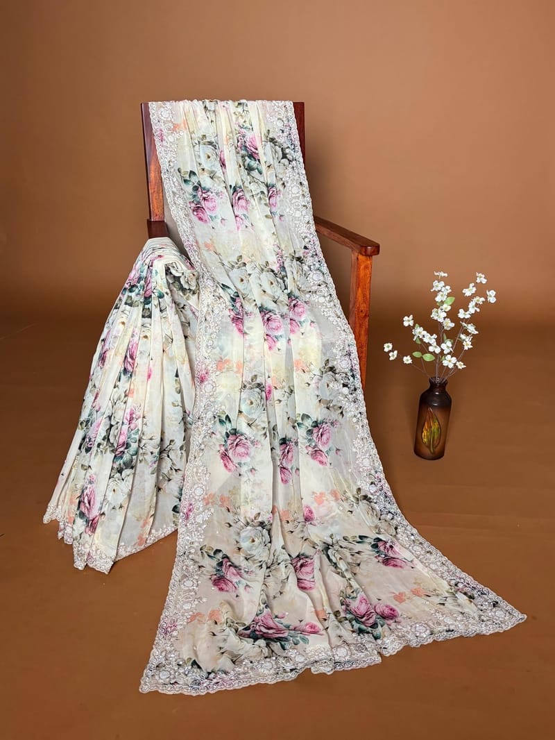 Light pista georgette floral printed Saree with handwork borders  