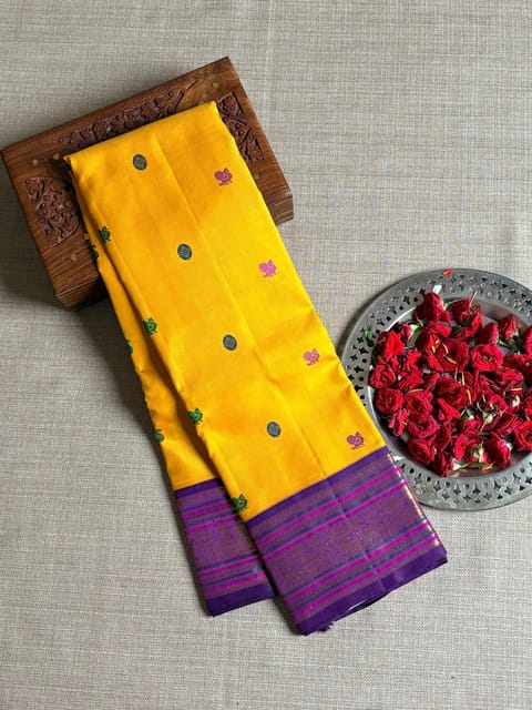 Yellow & Purple Vintage Kanjeevaram Saree with Korvai Borders