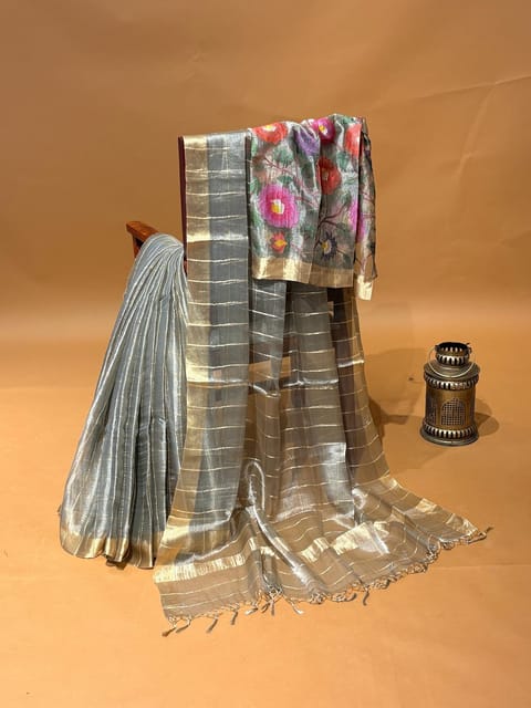 Antique Pure Handloom Banarasi Tissue Checks Saree with Jamdani Inspire Embroidered Tissue Blouse