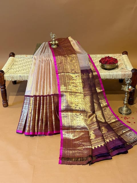 Nude Pink Gadwal Brocade Saree with Heavy Kanchi Borders