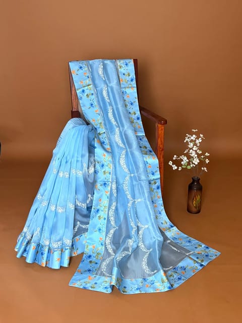 Evening Sky Blue Organza Saree with Embroidery and Floral Printed Border
