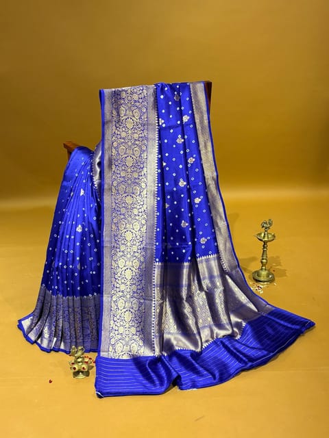 Royal Blue Banarasi Puna Silk Saree with Kaduwa Weaving Heavy Mashru Borders and Hand Done Bandhej