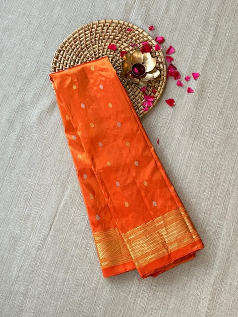 Reddish Orange Pure Handloom Gadwal All-Over Tissue Saree with Paithani Border