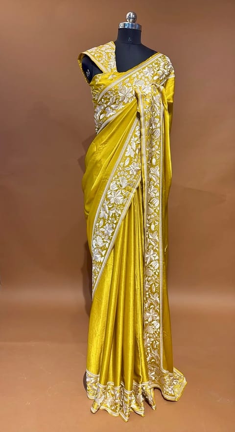 Yellow Chinnon Satin Saree with Parsi Gara Embroidered Border and Blouse