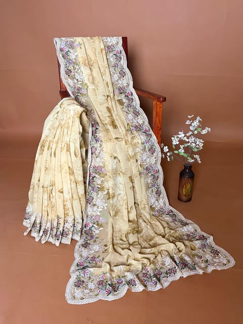 Pastel Yellow Pure Georgette Floral Printed Saree with Embroidery