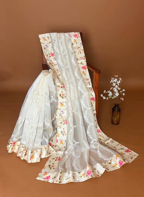 Vanilla Organza Saree with Embroidery and Floral Printed Border